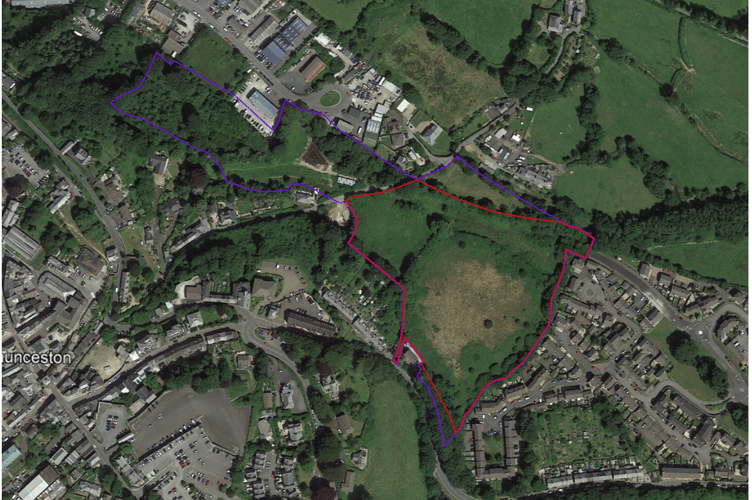 An aerial photo of the development site in Launceston, which is marked in Red. (Picture: Cornwall Council)