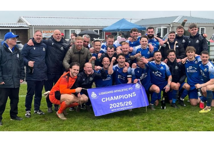 Liskeard Athletic celebrate their SWPL Premier West title success.