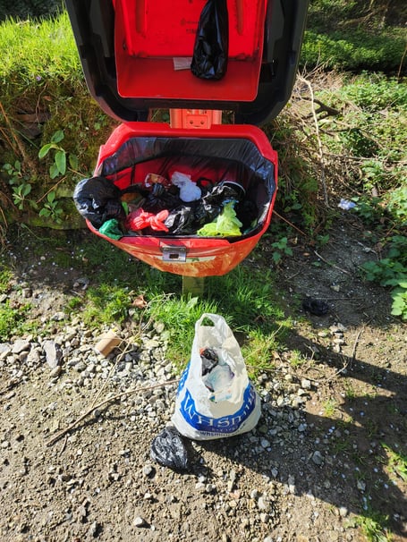 A dog waste bin and accompanying dumped litter at Cardinham Woods (Picture: Forestry England)