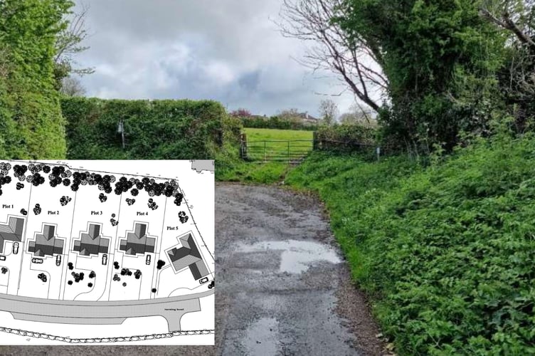 The gated access to the site and an indicative design of the dwellings (inset) (Picture: Cornwall Council)