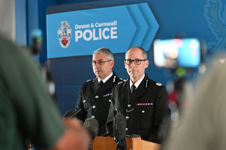 Police press conference at Devon & Cornwall Police Headquarters at Middlemoor in Exeter giving an update into the Ann WIddecombe murder investigation. Assistant Chief Constable Matt Longman (right) and Chief Constable James Vaughan (left).
Photo: StevePope/Iliffe