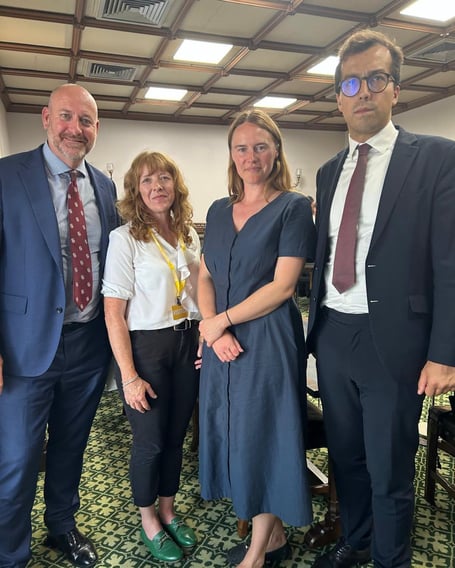 MPs Perran Moon, Anna Gelderd and Noah Law with  Sarah, who travelled up to Parliament to give her perspective to help ensure decision-makers hear directly from those on the frontline in South East Cornwall is essential