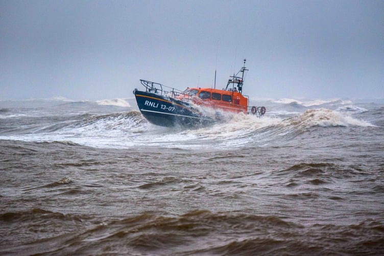 Lowestoft Shannon class lifeboat Reg 13-07 at sea during a training exercise.