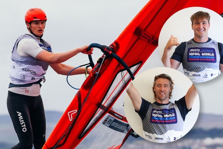 The Cornish contingent of the British Sailing Team taking part in this year's Musto iQFOiL World Championships at Weymouth. Pictured in action Max Beaman from Falmouth, inset (top) Finn Hawkins from St Austell and inset (bottom) Sam Sills from Launceston