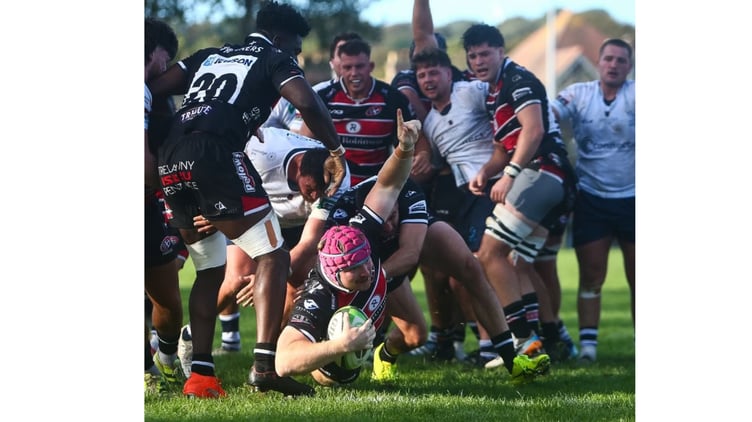 Replacement hooker Matt Pritchard celebrates one of his four tries.