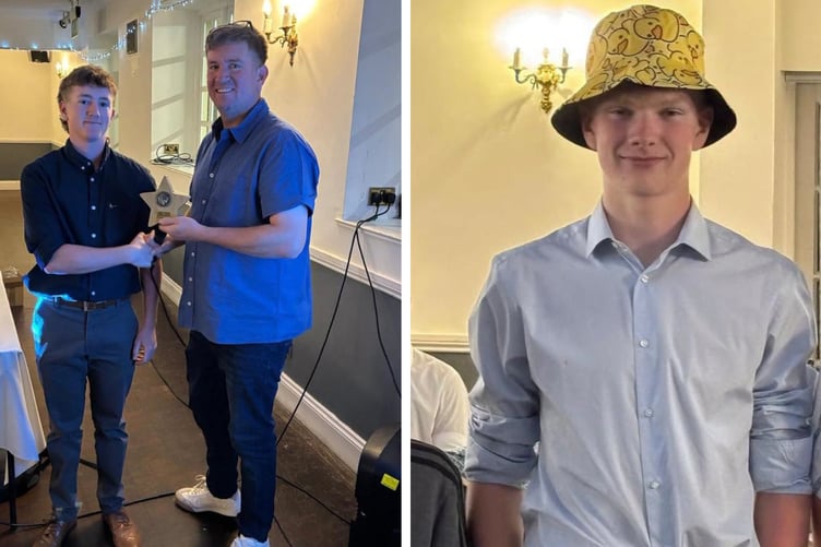 First team captain Finlay Worth (left) and father Kevin both won awards, while Edward Mansfield wore a special hat for his batting exploits.