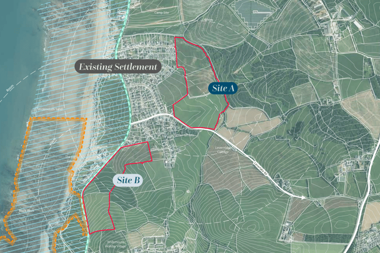 An aerial view of the site showing the location of the two plots in Widemouth Bay (Picture: Cavanna Homes)