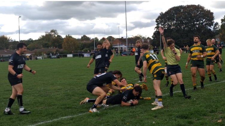 Inside-centre Jack Easton dots down Launceston's first try at Newent on Saturday.